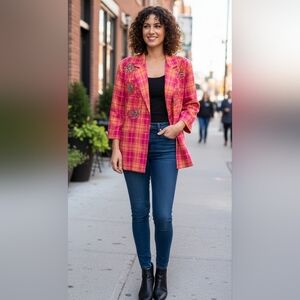 I.B. Diffusion Embroidered Plaid Blazer Jacket Size 10 Pink Orange Vintage 90s